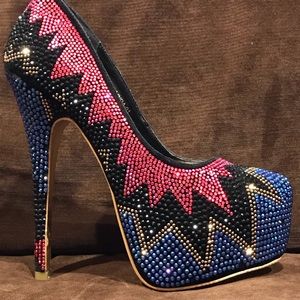 MASCOTTE Linda Platform Beaded 6” Heels Sz. 7 Blue, Pink, Black & Gold